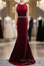 Burgundy Mermaid Velvet Backless Formal Prom Dresses