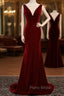 Burgundy Mermaid Velvet See Through V-neck Formal Prom Dresses