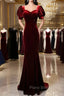Burgundy Mermaid Velvet Short Sleeve Formal Prom Dresses