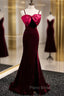 Burgundy Mermaid Velvet Spaghetti Straps Formal Prom Dresses With Bow