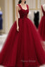 Burgundy Off Shoulder Tulle Long Formal Prom Dresses, Burgundy Formal Dresses