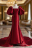 Burgundy Puff Sleeves Satin Burgundy Long Formal Prom Dresses, Burgundy Long Formal Dresses