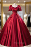 Burgundy Red Satin Short Sleeve Appliques Quinceanera Dresses