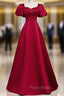Burgundy Satin Backless Puff Sleeve Beading Formal Prom Dresses
