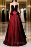 Burgundy Satin Black Velvet Strapless Formal Prom Dresses