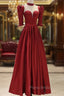 Burgundy Satin High Neck Long Formal Prom Dresses, Burgundy A-Line Evening Party Dresses