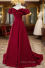 Burgundy Satin Long Formal Prom Dresses, A-Line Off Shoulder Evening Party Dresses