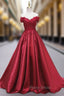 Burgundy Satin Off the Shoulder Appliques Formal Prom Dresses