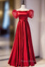 Burgundy Satin Off the Shoulder Puff Sleeve Beading Formal Prom Dresses