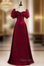 Burgundy Satin Puff Sleeve Beading Bow Formal Prom Dresses