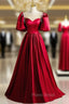 Burgundy Satin Puff Sleeve Beading Formal Prom Dresses