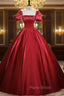 Burgundy Satin Short Sleeve Pleats Formal Prom Dresses