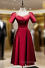 Burgundy Satin Short Sleeve Tea Length Formal Prom Dresses