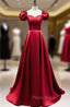 Burgundy Satin Square Puff Sleeve Beding Formal Prom Dresses