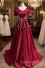 Burgundy Satin Square Short Sleeve Bow Formal Prom Dresses