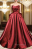 Burgundy Satin Srapless Pleats Formal Prom Dresses