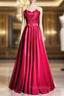 Burgundy Satin Strapless Beading Formal Prom Dresses