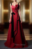 Burgundy Satin Straps Pleats Black Velvet Formal Prom Dresses