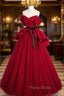 Burgundy Satin Tulle Long Formal Prom Dresses, Off Shoulder Evening Dresses