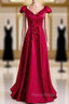 Burgundy Satin V-neck Cap Sleeve Bow Formal Prom Dresses