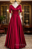 Burgundy Satin V-neck Pearls Formal Prom Dresses