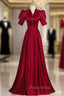 Burgundy Satin V-neck Short Sleeve Pearls Formal Prom Dresses