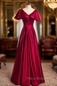 Burgundy Satin V-neck Short Sleeve Formal Prom Dresses
