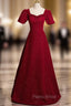 Burgundy Sequare Puff Sleeve Formal Prom Dresses