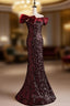 Burgundy Sequins Mermaid Off the Shoulder Formal Prom Dresses