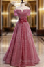 Burgundy Sequins Off the Shoulder Appliques Formal Prom Dresses
