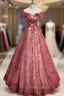 Burgundy Sequins Off the Shoulder Formal Prom Dresses
