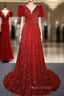 Burgundy Sequins Puff Sleeve Formal Prom Dresses With Bow