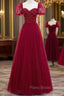 Burgundy Sequins Tulle Puff Sleeve Beading Formal Prom Dresses