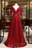 Burgundy Sequins V-neck Short Sleeve Appliques Formal Prom Dresses