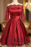Burgundy Short Sleeve Off The Shoulder Satin Dresses