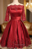 Burgundy Short Sleeve Off The Shoulder Satin Dresses