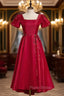Burgundy Square Puff Sleeve Backless Pearls Formal Prom Dres