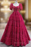 Burgundy Square Puff Sleeve Formal Prom Dresses