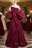Burgundy Strapless Pleats Puff Sleeve Formal Prom Dresses