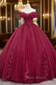 Burgundy Sweet 16 Formal Gown with Lace, Off the Shoulder Formal Prom Dresses Party Dresses
