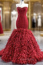 Burgundy Sweetheart Beading Tulle Formal Prom Dresses With Detachable Feather train