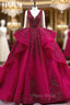 Burgundy Tulle Appliques Beading Pearls Formal Prom Dresses