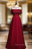 Burgundy Tulle Beading Sequins Lotus Leaf Sleeve Formal Prom Dresses