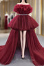Burgundy Tulle Strapless Formal Prom Dresses