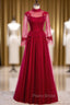 Burgundy Tulle High Neck Long Sleeve Backless Formal Prom Dresses