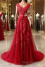 Burgundy tulle lace applique long Formal Prom dress, burgundy evening dress
