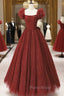 Burgundy Tulle Long A-Line Formal Prom Dresses, Cute Short Sleeve Evening Dresses