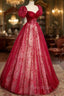 Burgundy Tulle Long Formal Prom Dresses with Sequins, A-Line Short Sleeve Evening Dresses