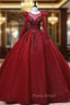 Burgundy Tulle Long Sleeve Beading Quinceanera Dresses