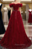 Burgundy Tulle Off Shoulder Long Formal Prom Dresses, Burgundy Evening Dresses